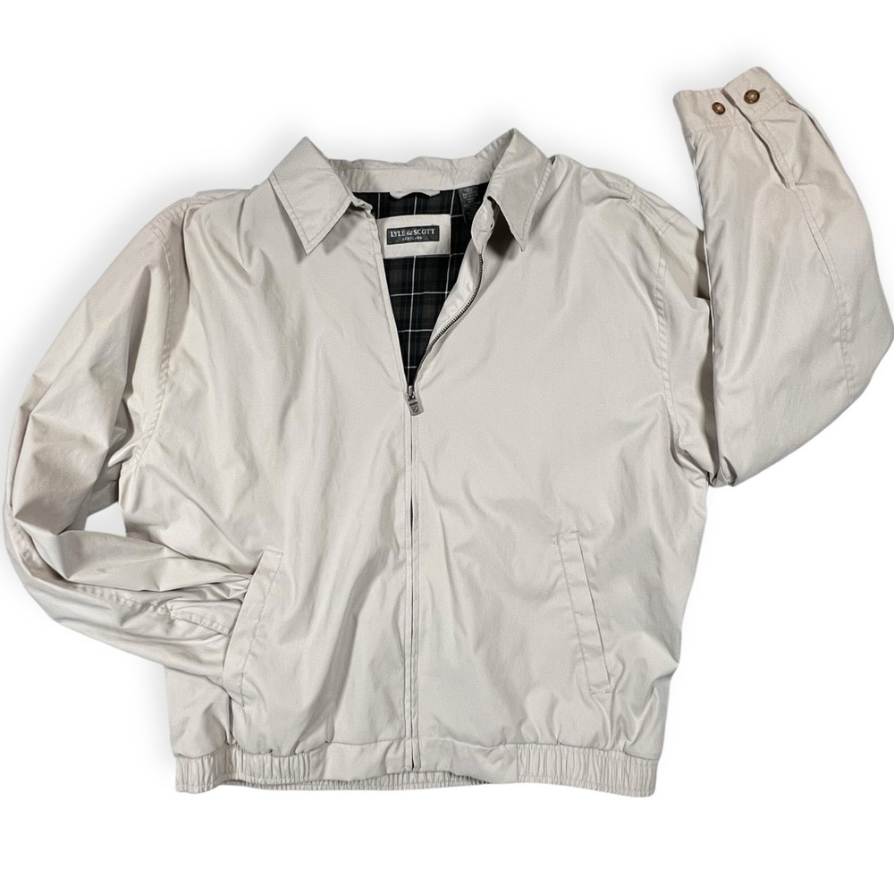 Vtg Lyle & Scott Harrington Jacket‎ Mens L Khaki Plaid Lined Button Cuffs Beige